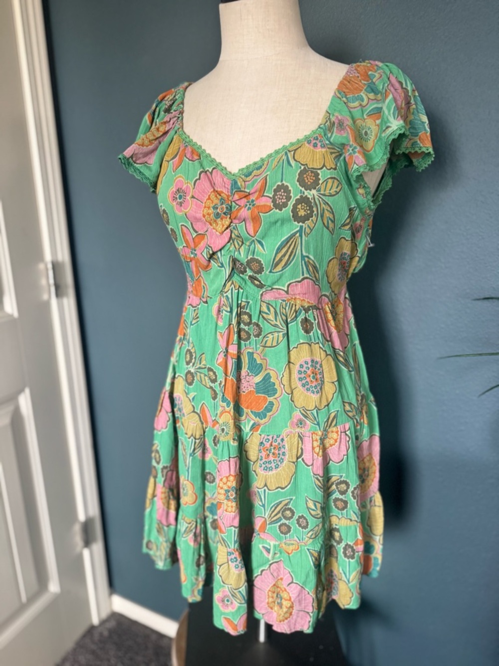 Angie Green Floral Mini Dress with Pink & Yellow Accents